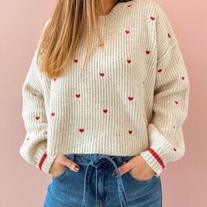 NWT Cream Heart-Print Cozy Knit Sweater